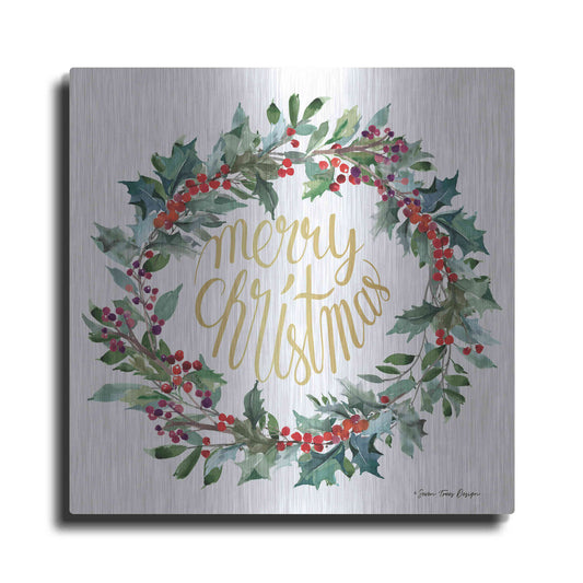 Luxe Metal Art 'Merry Christmas Holly Wreath' by Seven Trees Design, Metal Wall Art