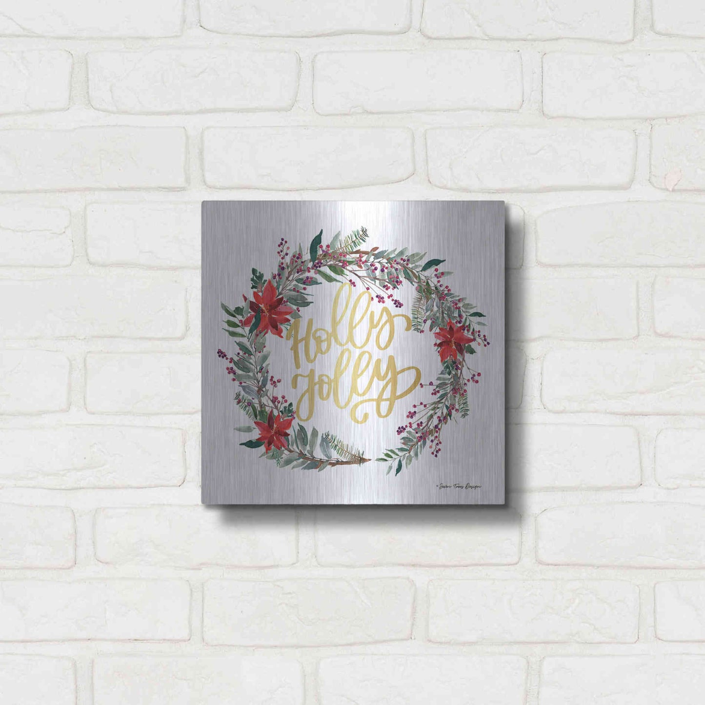 Luxe Metal Art 'Holly Jolly Poinsettia Wreath' by Seven Trees Design, Metal Wall Art,12x12