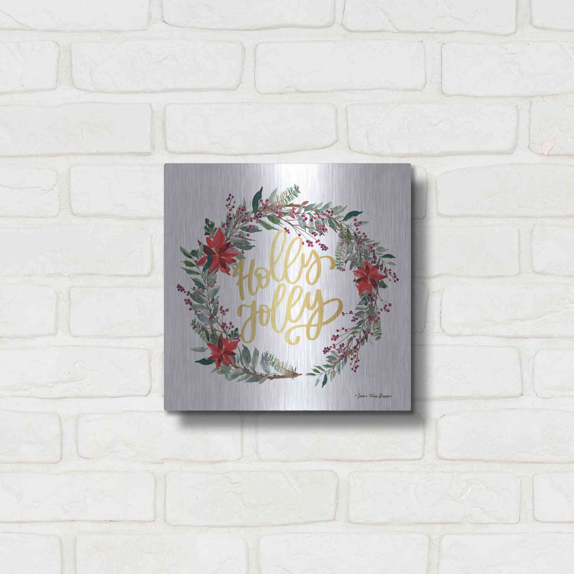 Luxe Metal Art 'Holly Jolly Poinsettia Wreath' by Seven Trees Design, Metal Wall Art,12x12