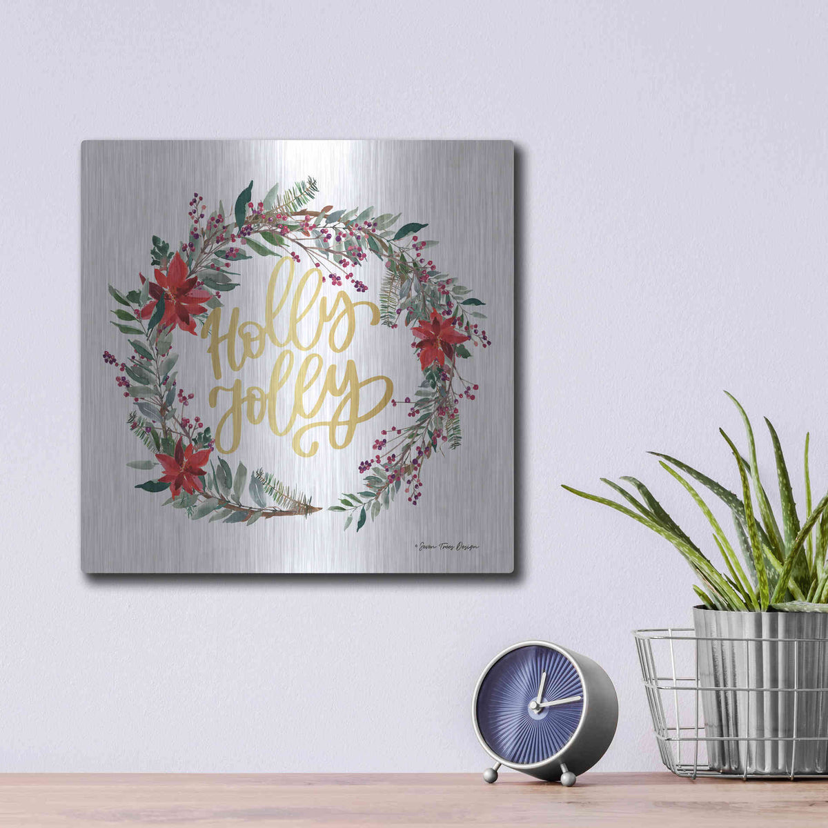 Luxe Metal Art 'Holly Jolly Poinsettia Wreath' by Seven Trees Design, Metal Wall Art,12x12