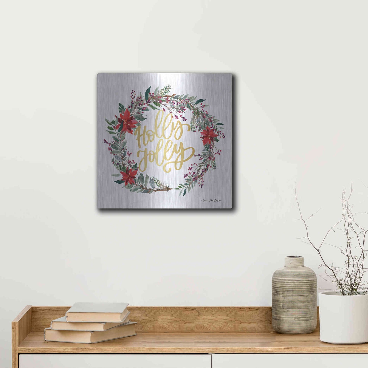 Luxe Metal Art 'Holly Jolly Poinsettia Wreath' by Seven Trees Design, Metal Wall Art,12x12