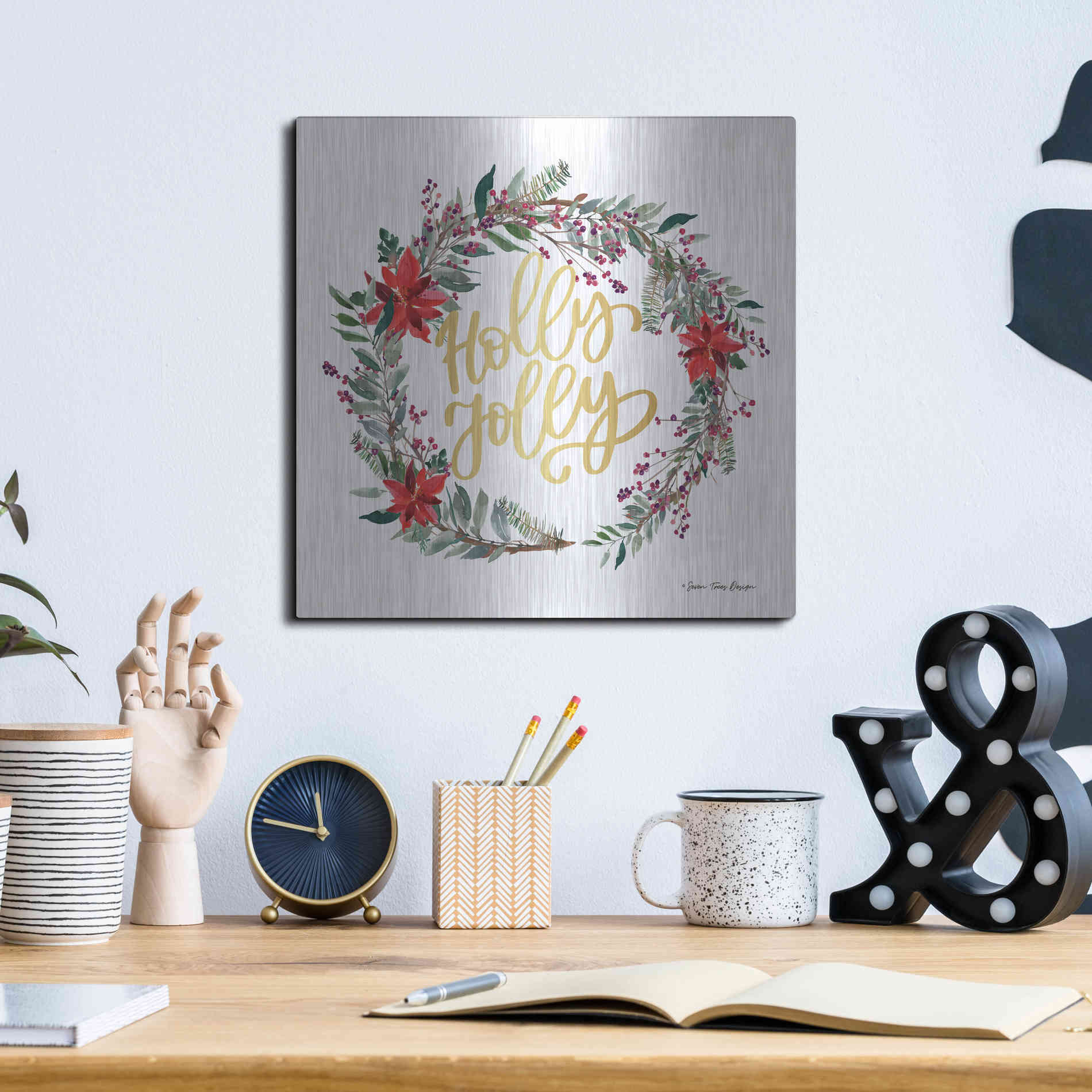 Luxe Metal Art 'Holly Jolly Poinsettia Wreath' by Seven Trees Design, Metal Wall Art,12x12