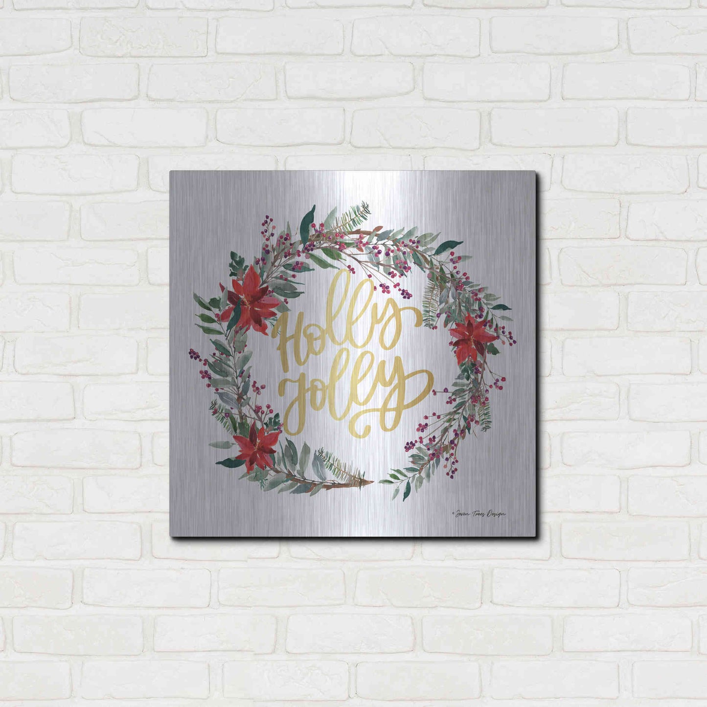 Luxe Metal Art 'Holly Jolly Poinsettia Wreath' by Seven Trees Design, Metal Wall Art,24x24