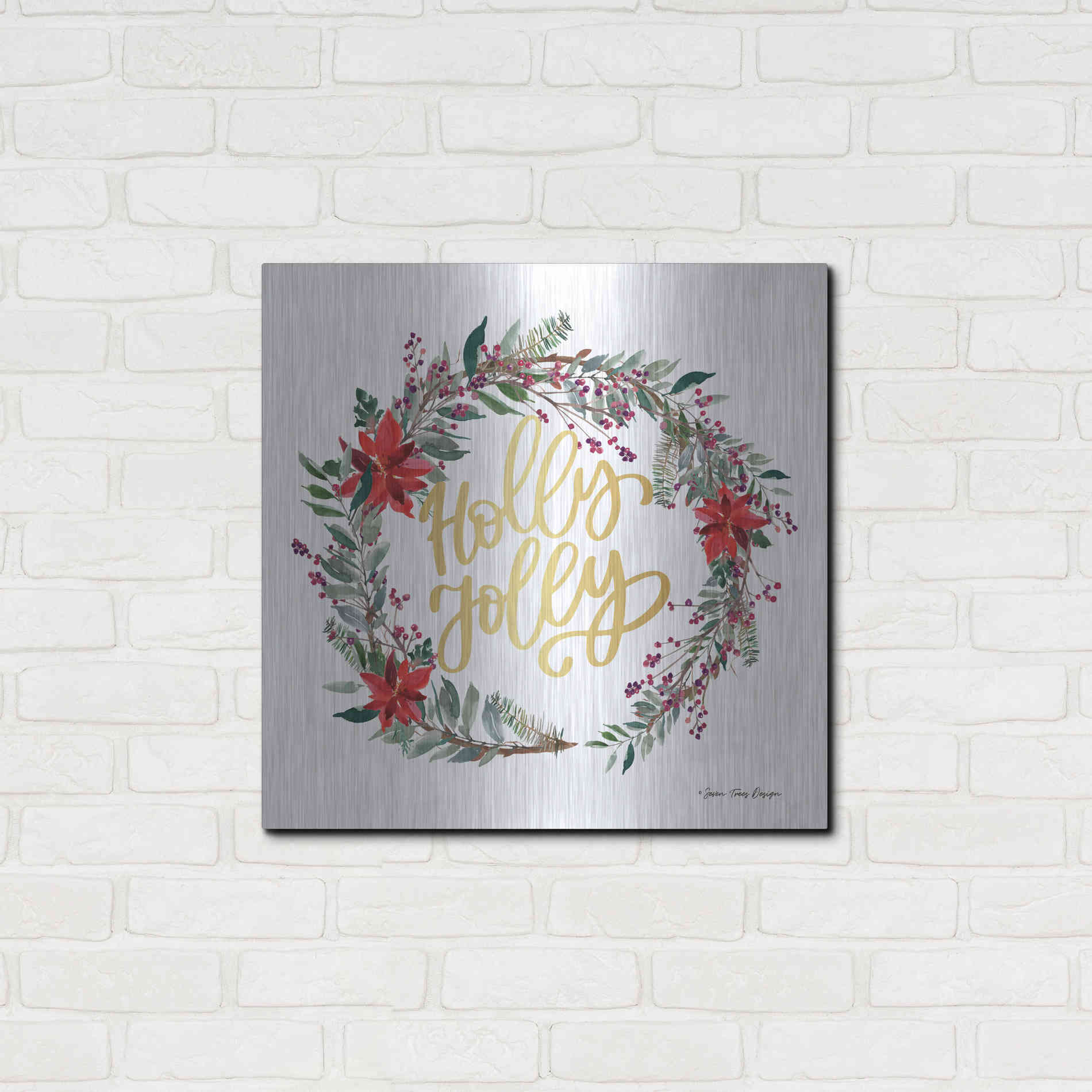Luxe Metal Art 'Holly Jolly Poinsettia Wreath' by Seven Trees Design, Metal Wall Art,24x24