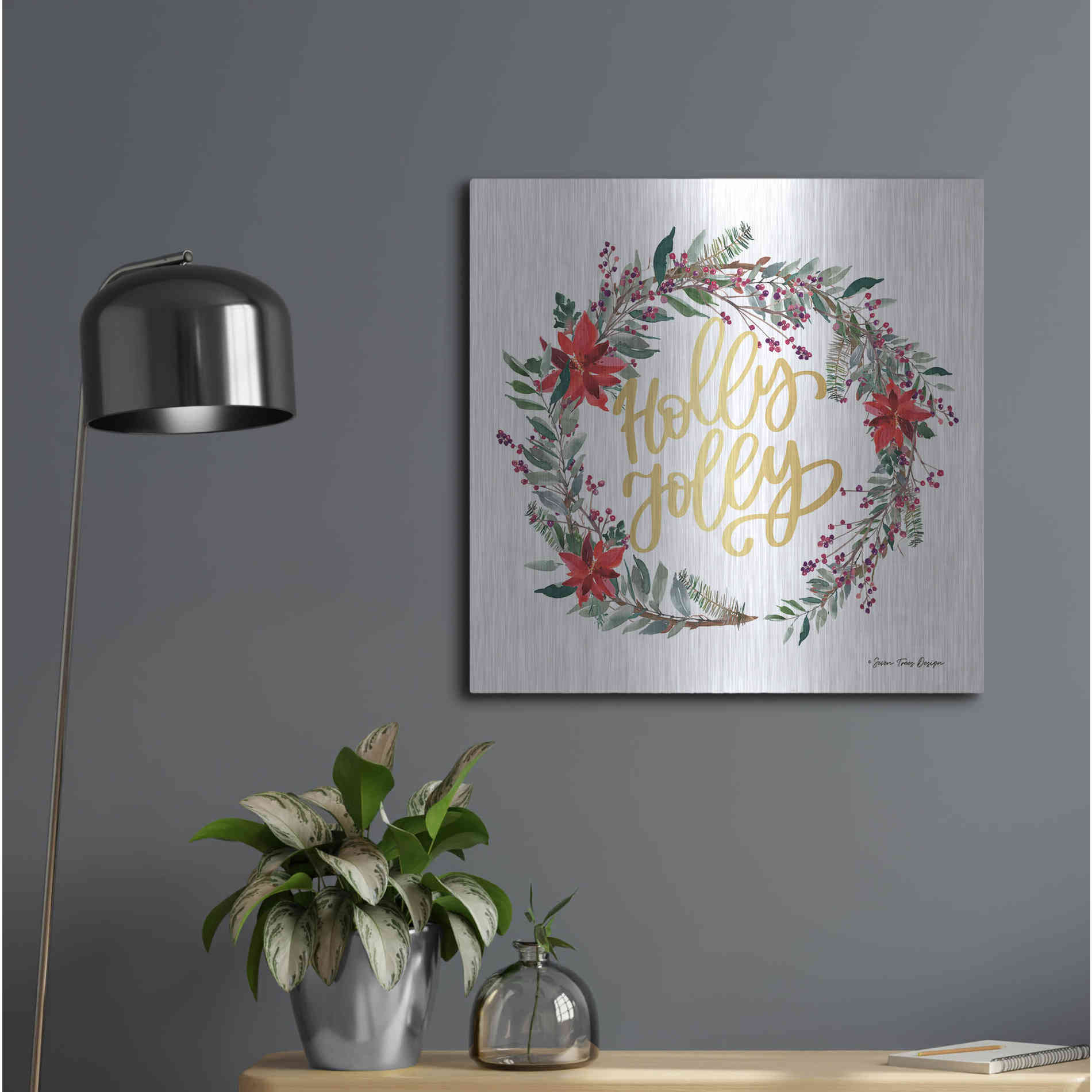 Luxe Metal Art 'Holly Jolly Poinsettia Wreath' by Seven Trees Design, Metal Wall Art,24x24