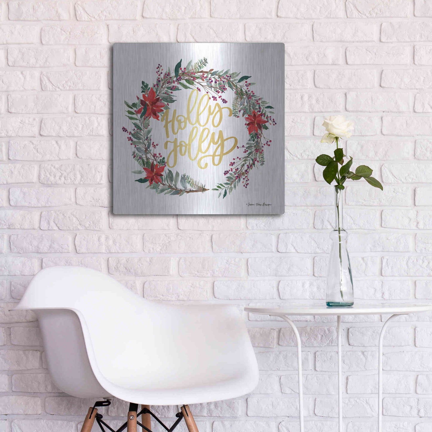 Luxe Metal Art 'Holly Jolly Poinsettia Wreath' by Seven Trees Design, Metal Wall Art,24x24
