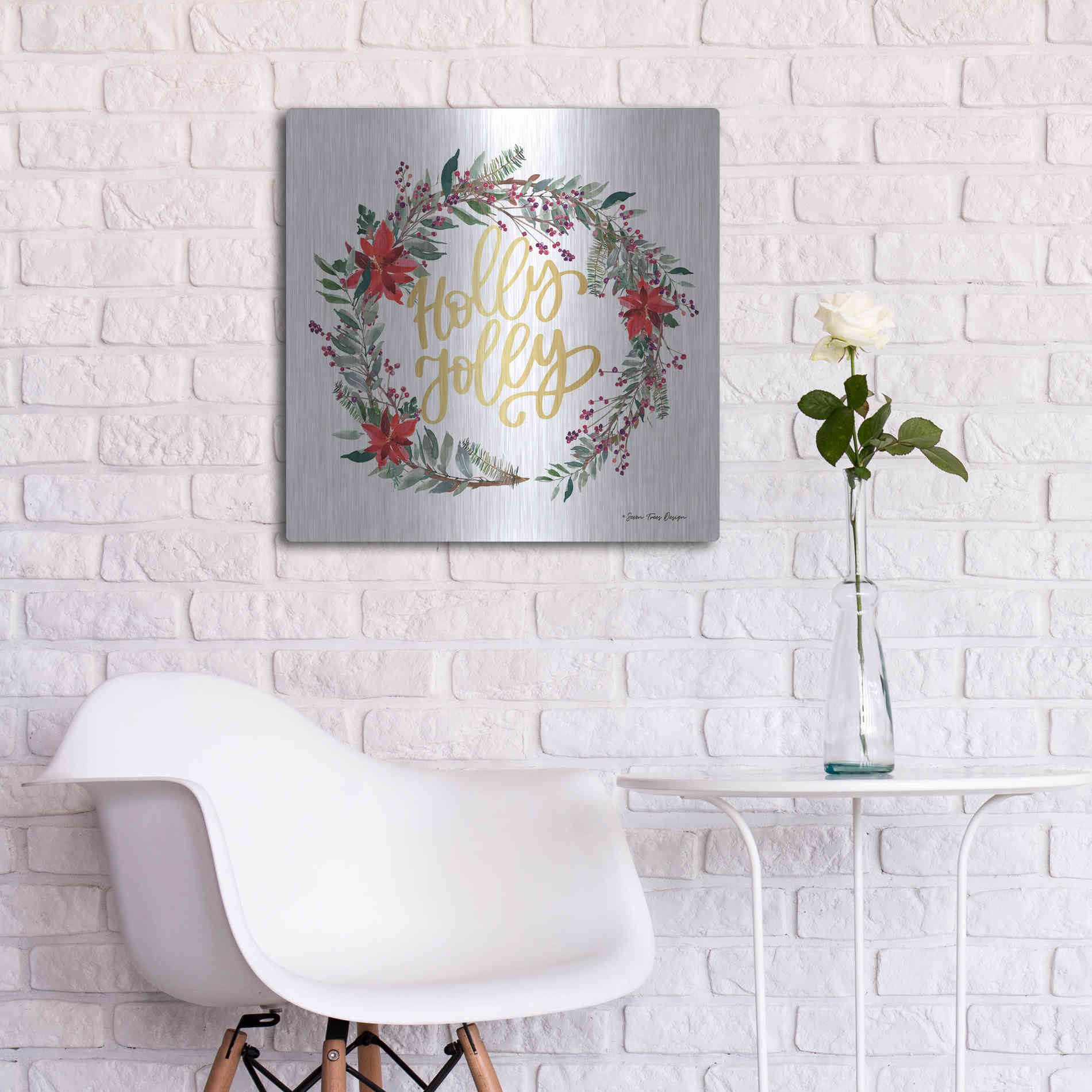 Luxe Metal Art 'Holly Jolly Poinsettia Wreath' by Seven Trees Design, Metal Wall Art,24x24