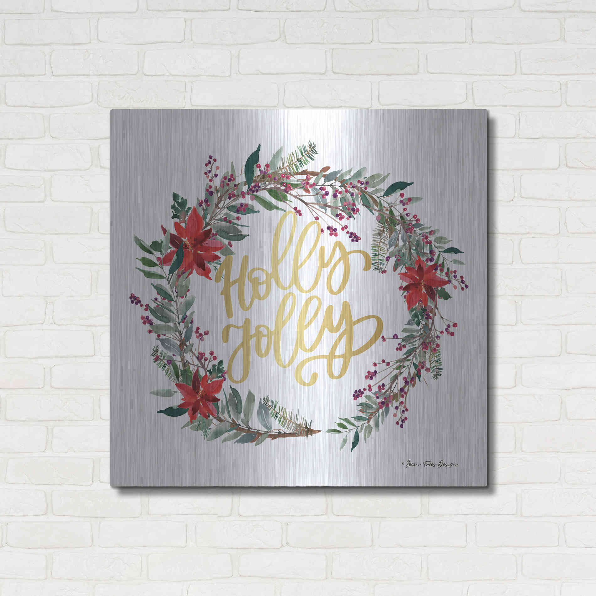 Luxe Metal Art 'Holly Jolly Poinsettia Wreath' by Seven Trees Design, Metal Wall Art,36x36