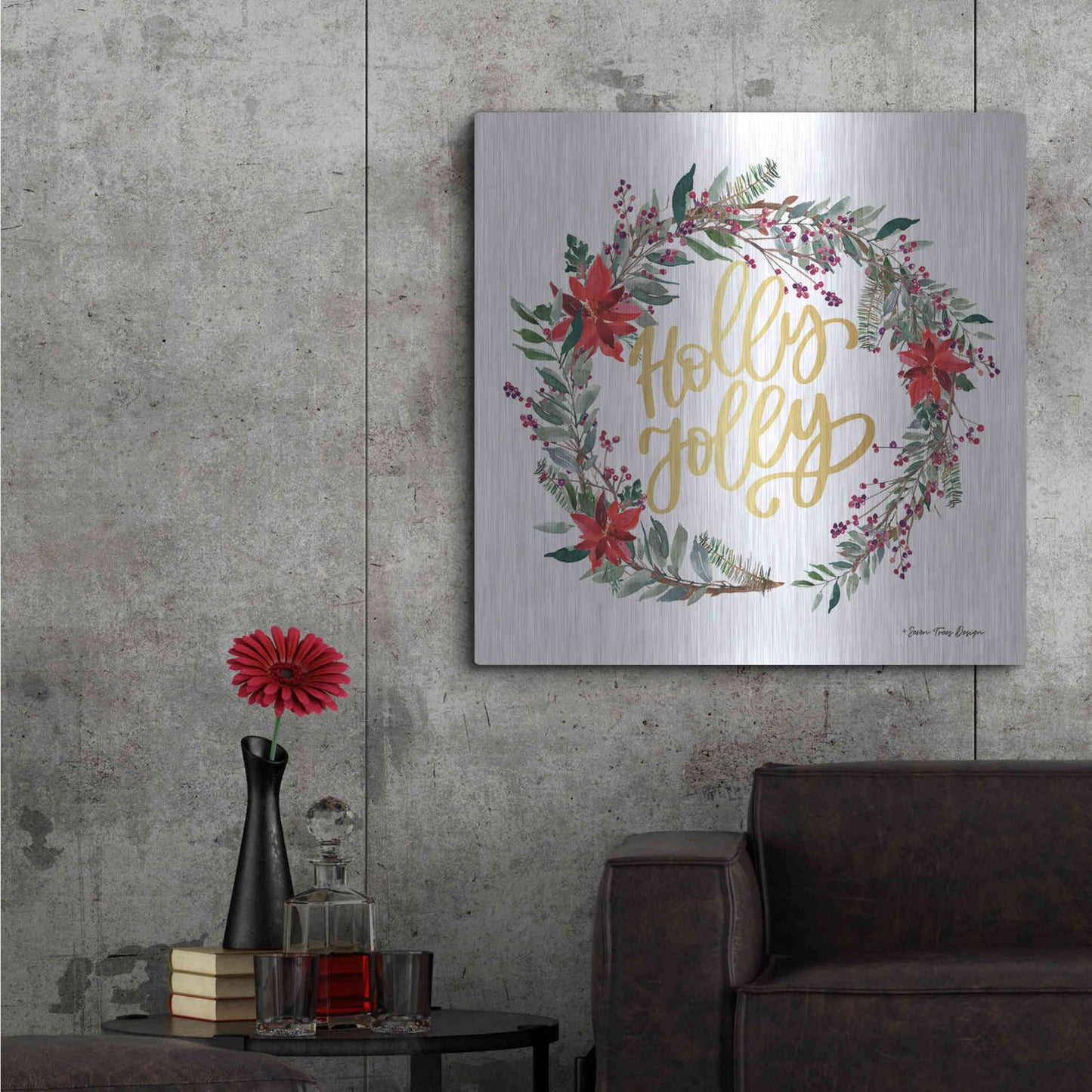 Luxe Metal Art 'Holly Jolly Poinsettia Wreath' by Seven Trees Design, Metal Wall Art,36x36