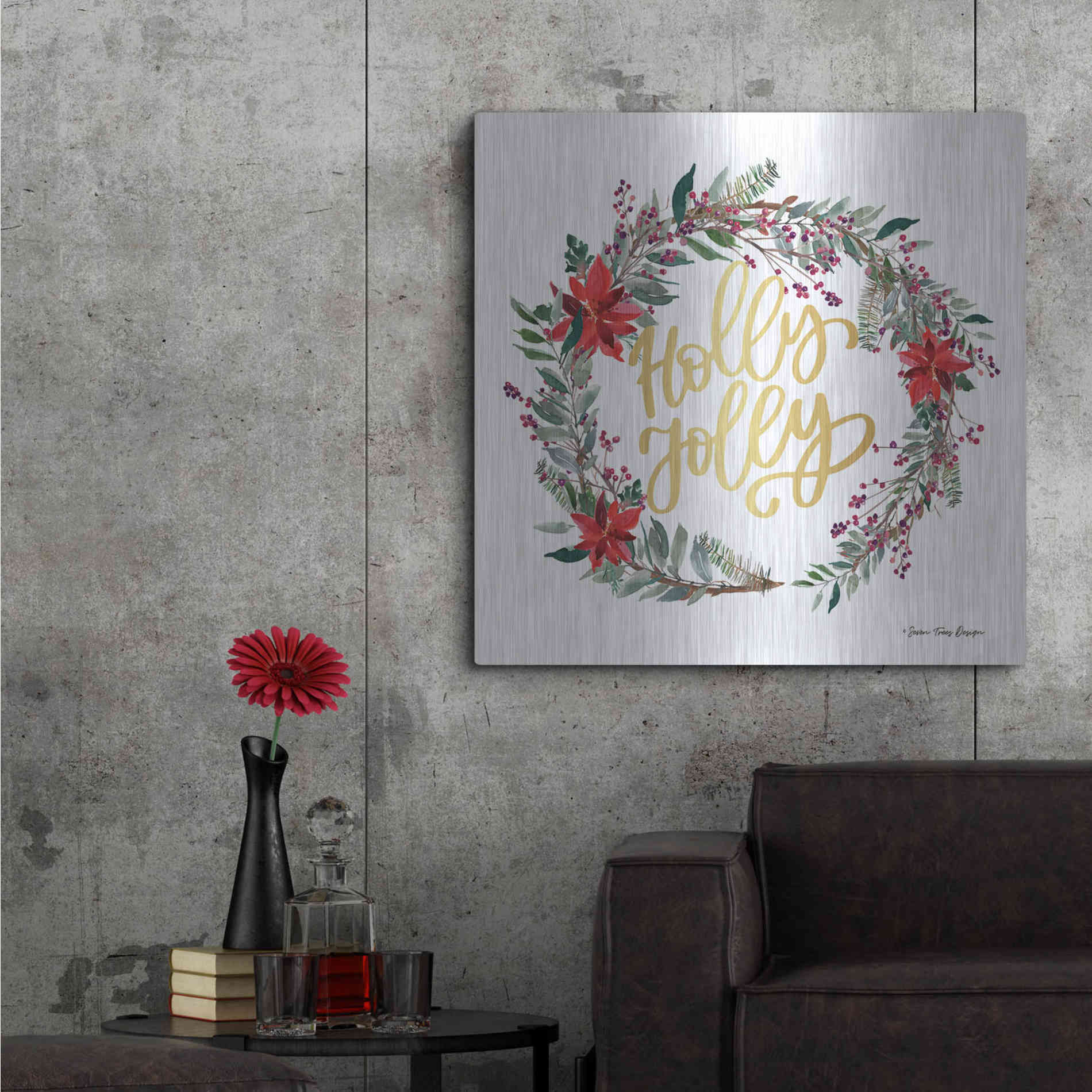 Luxe Metal Art 'Holly Jolly Poinsettia Wreath' by Seven Trees Design, Metal Wall Art,36x36