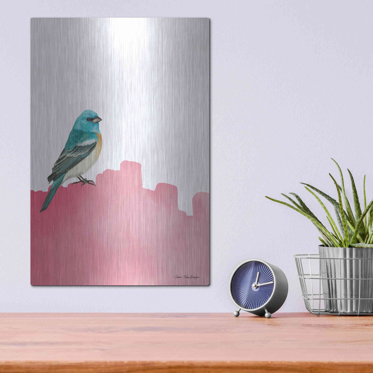 Luxe Metal Art 'Bird on Pink' by Seven Trees Design, Metal Wall Art,12x16