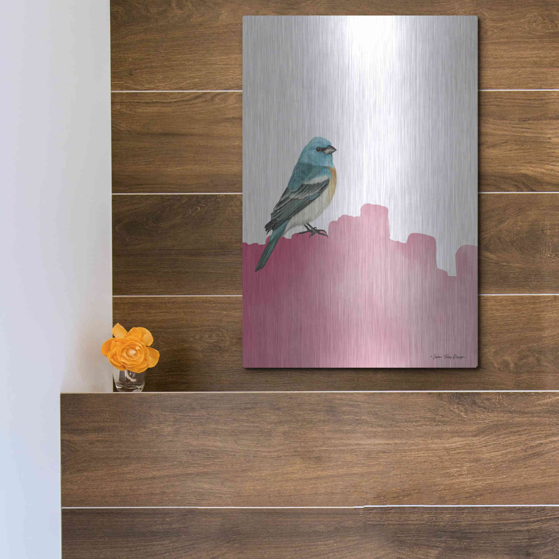 Luxe Metal Art 'Bird on Pink' by Seven Trees Design, Metal Wall Art,12x16