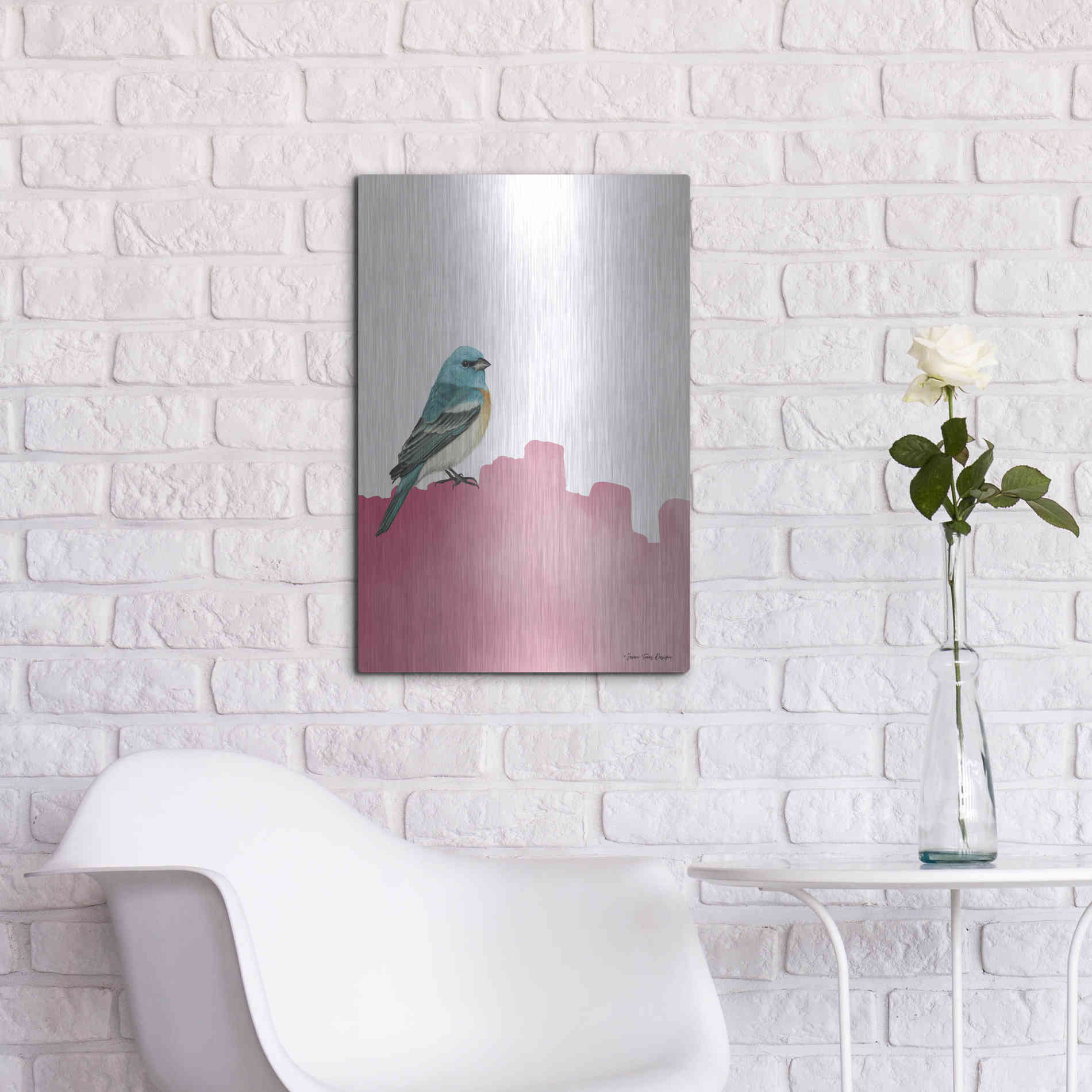 Luxe Metal Art 'Bird on Pink' by Seven Trees Design, Metal Wall Art,16x24