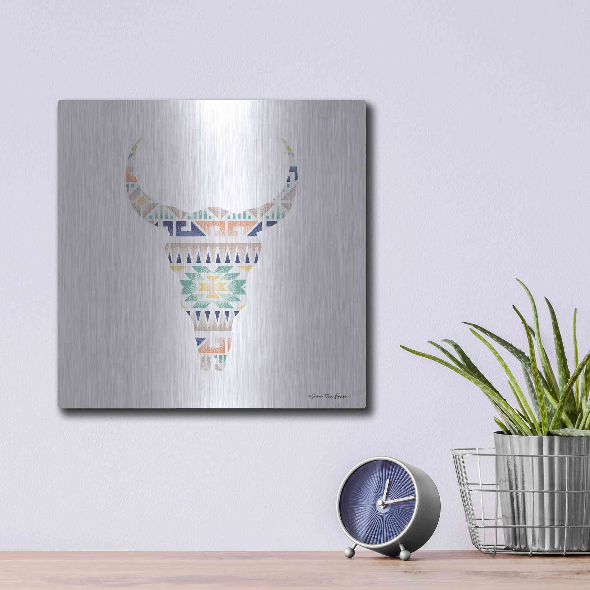 Luxe Metal Art 'Aztec Cow Head' by Seven Trees Design, Metal Wall Art,12x12