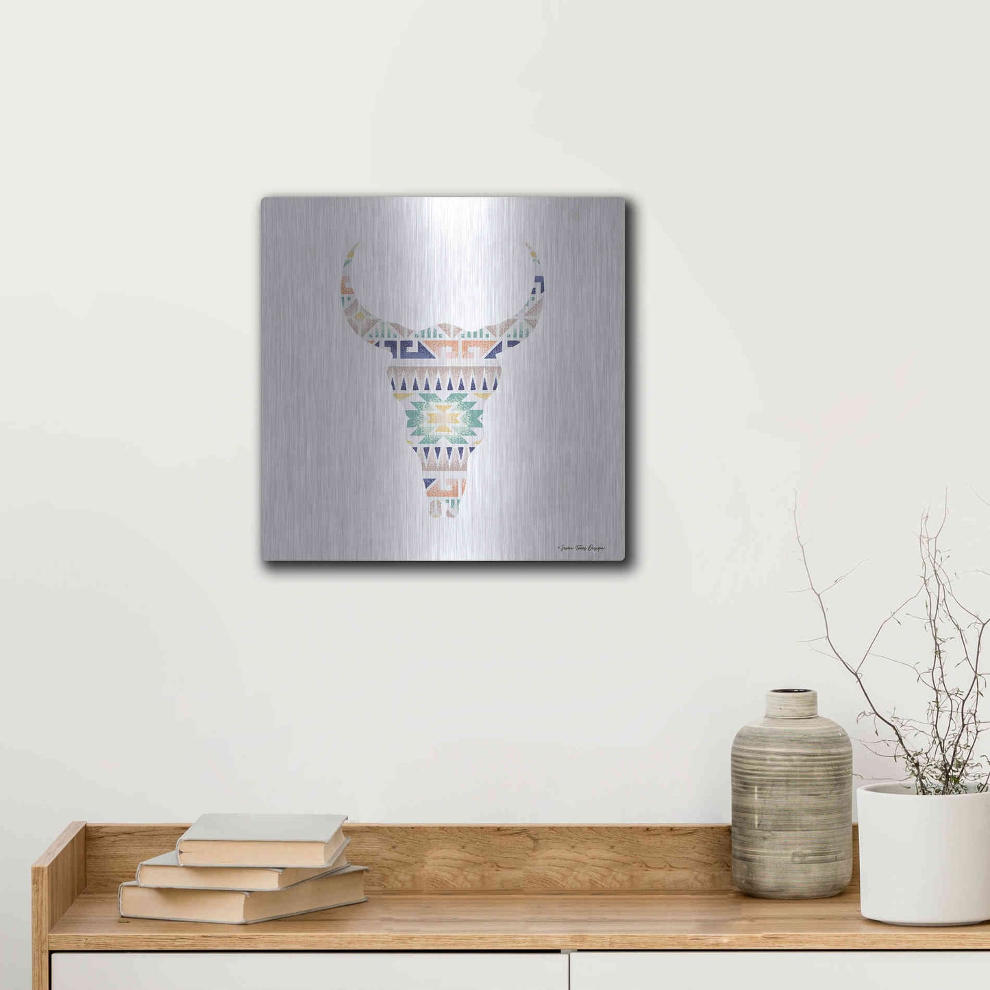 Luxe Metal Art 'Aztec Cow Head' by Seven Trees Design, Metal Wall Art,12x12