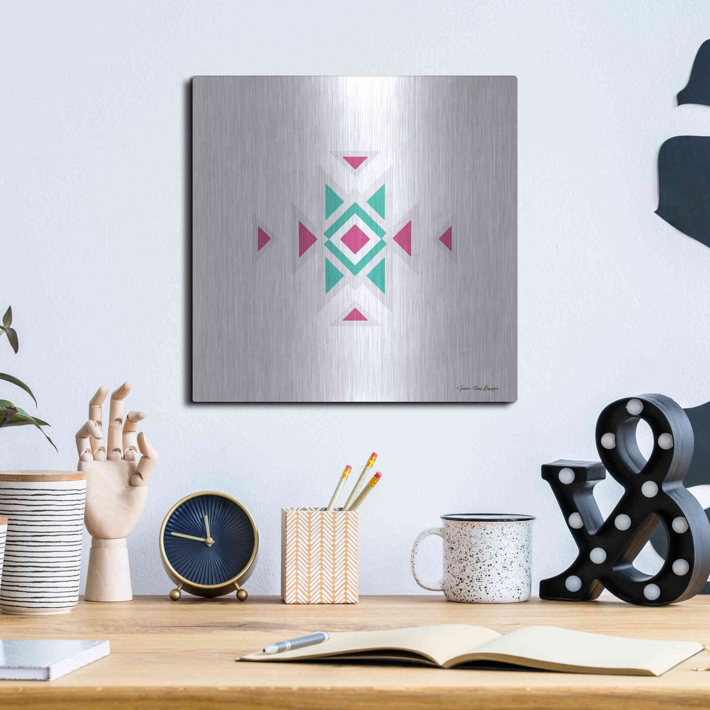 Luxe Metal Art 'Watercolor Aztec Art I' by Seven Trees Design, Metal Wall Art,12x12