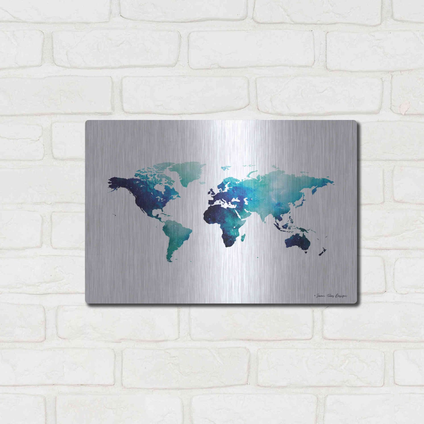 Luxe Metal Art 'Blue Space World Map' by Seven Trees Design, Metal Wall Art,16x12