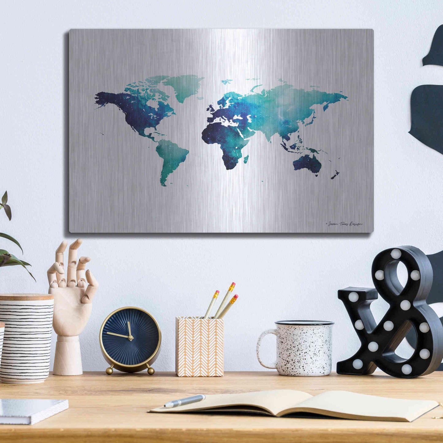 Luxe Metal Art 'Blue Space World Map' by Seven Trees Design, Metal Wall Art,16x12