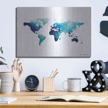 Luxe Metal Art 'Blue Space World Map' by Seven Trees Design, Metal Wall Art,16x12