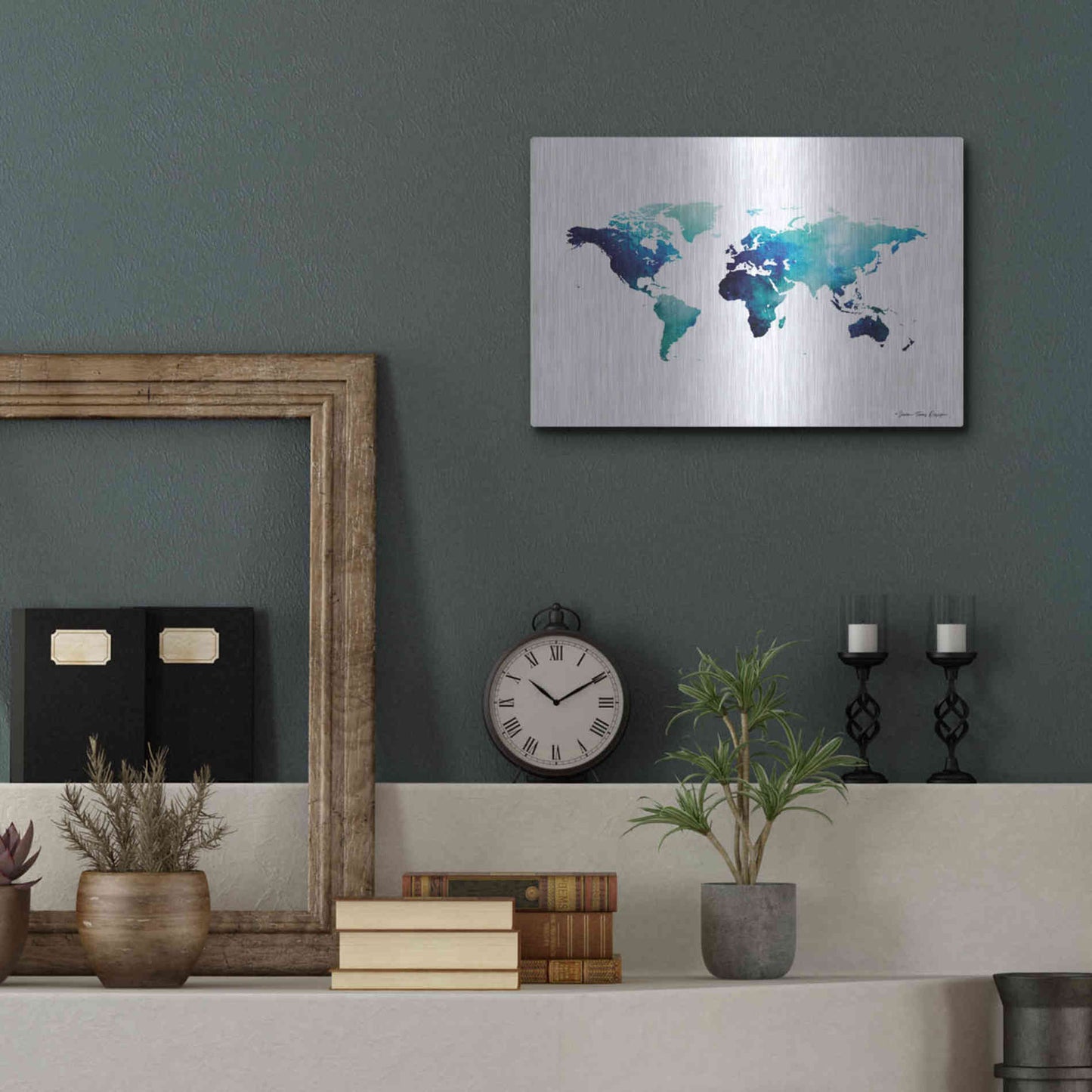 Luxe Metal Art 'Blue Space World Map' by Seven Trees Design, Metal Wall Art,16x12