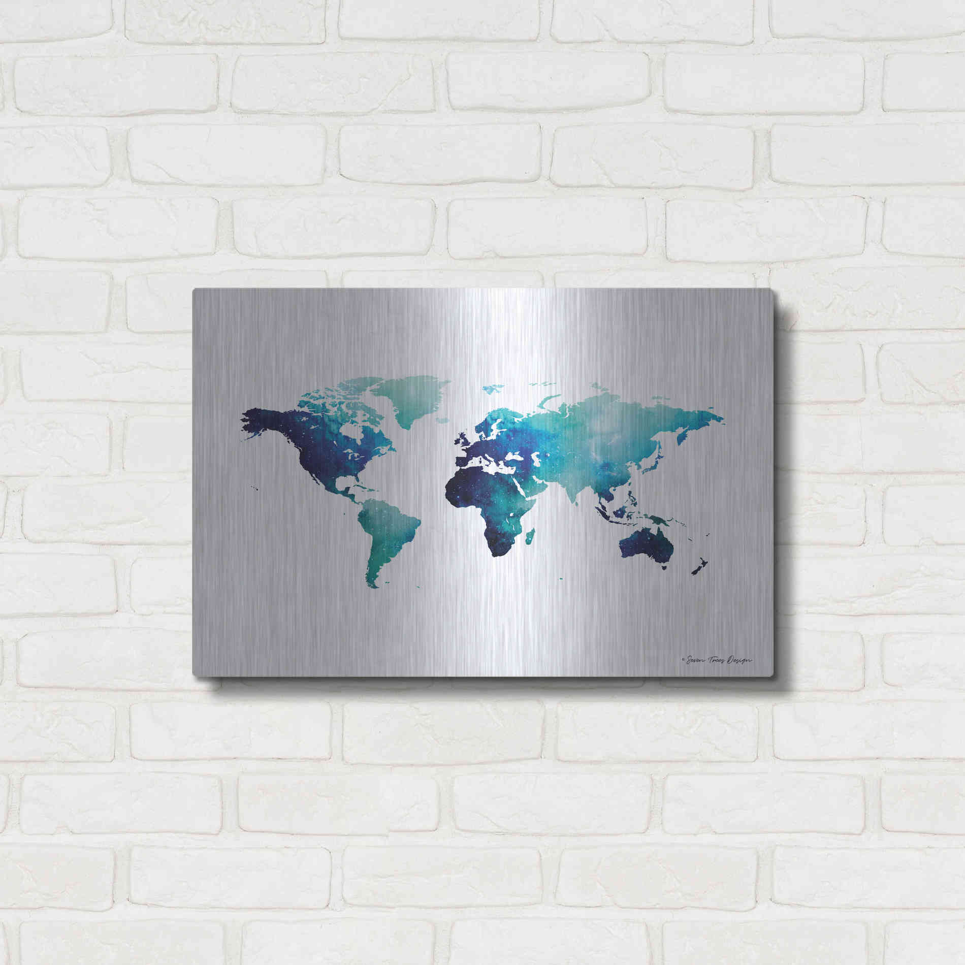 Luxe Metal Art 'Blue Space World Map' by Seven Trees Design, Metal Wall Art,24x16