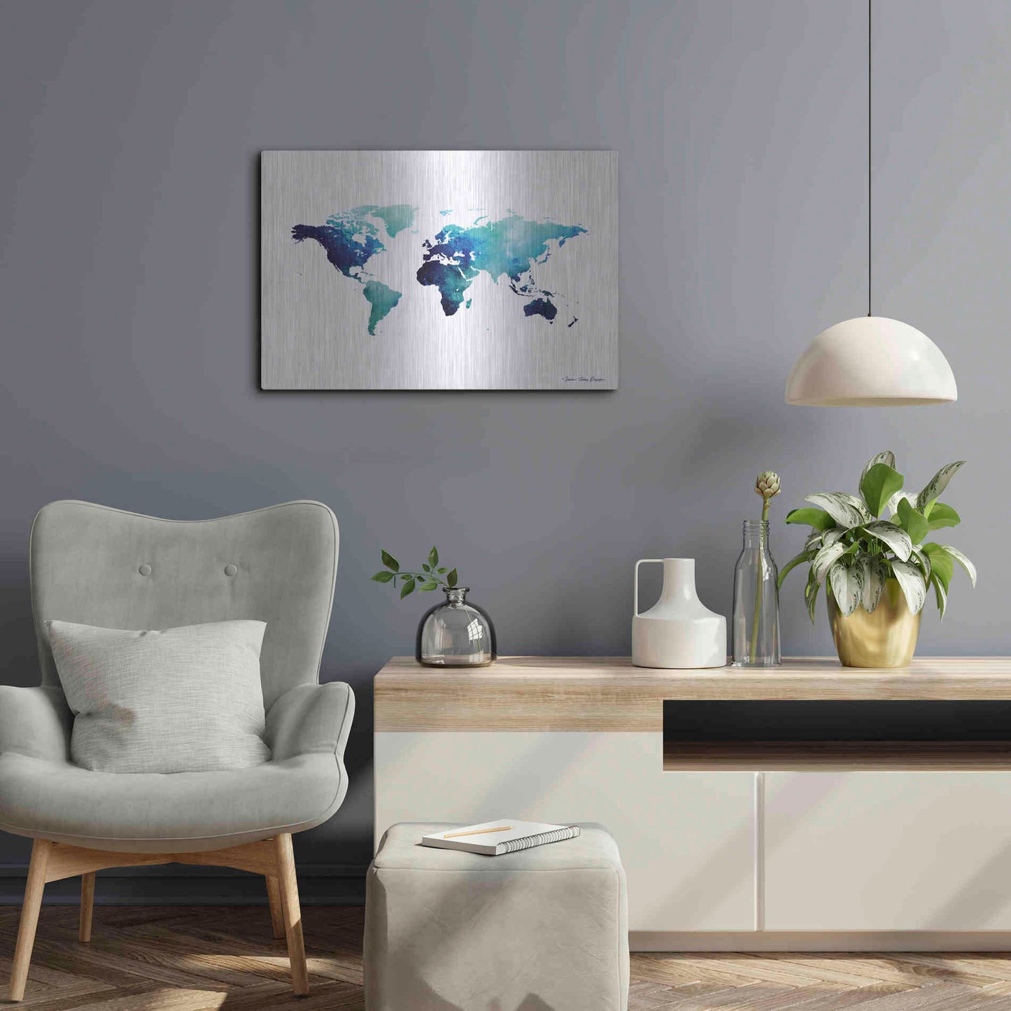 Luxe Metal Art 'Blue Space World Map' by Seven Trees Design, Metal Wall Art,24x16