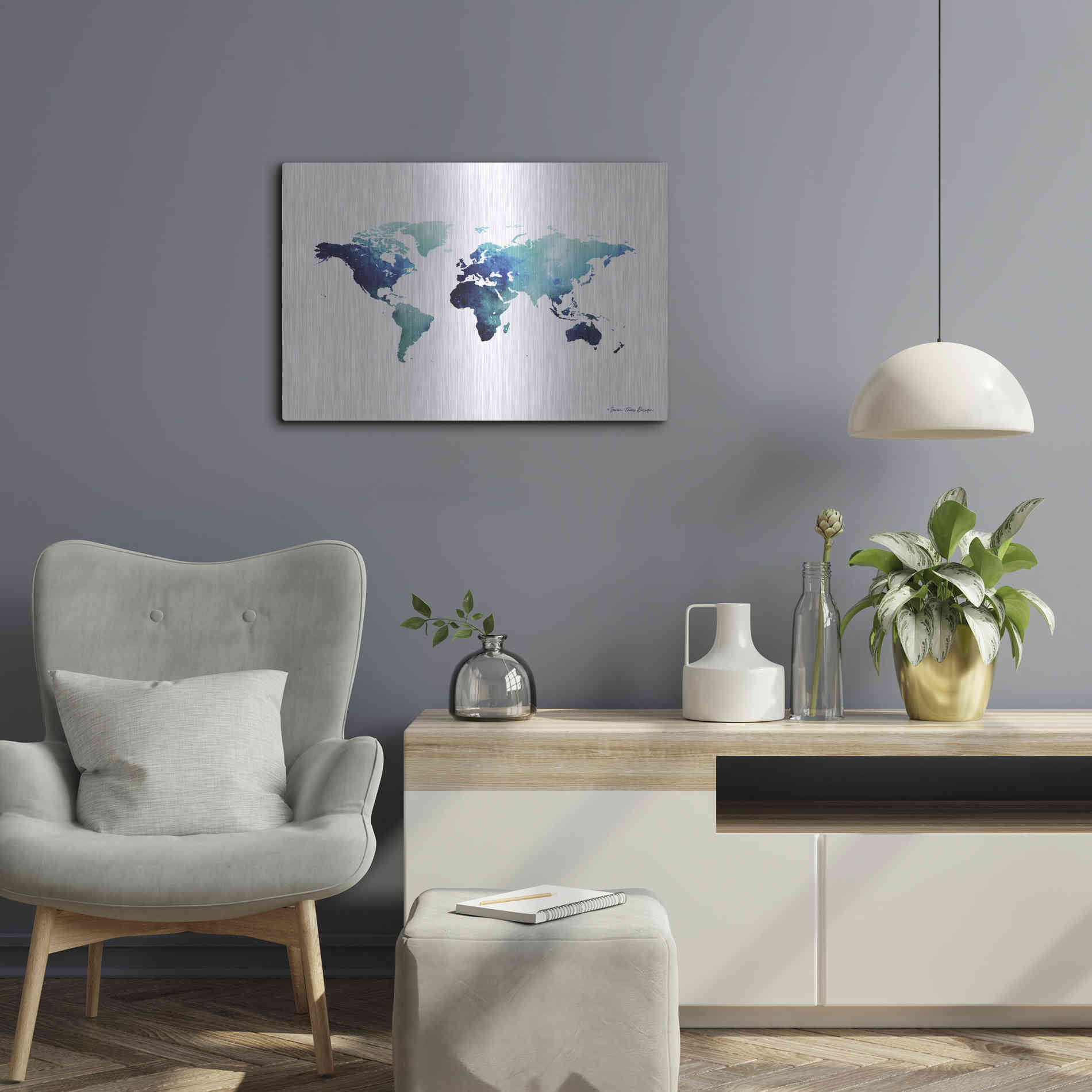 Luxe Metal Art 'Blue Space World Map' by Seven Trees Design, Metal Wall Art,24x16