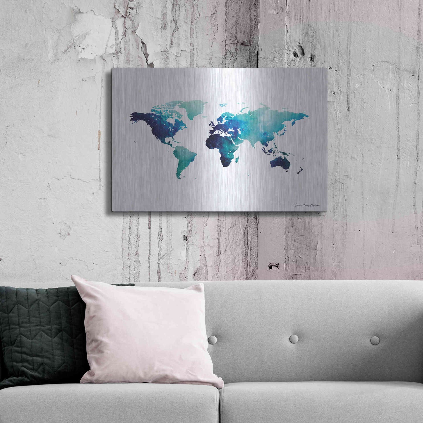 Luxe Metal Art 'Blue Space World Map' by Seven Trees Design, Metal Wall Art,36x24