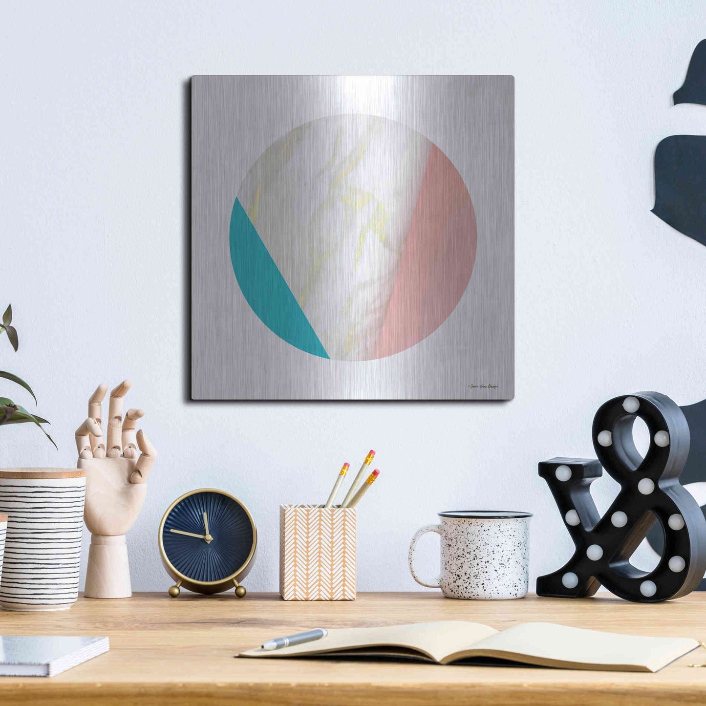 Luxe Metal Art 'Pink Marble Circle III' by Seven Trees Design, Metal Wall Art,12x12