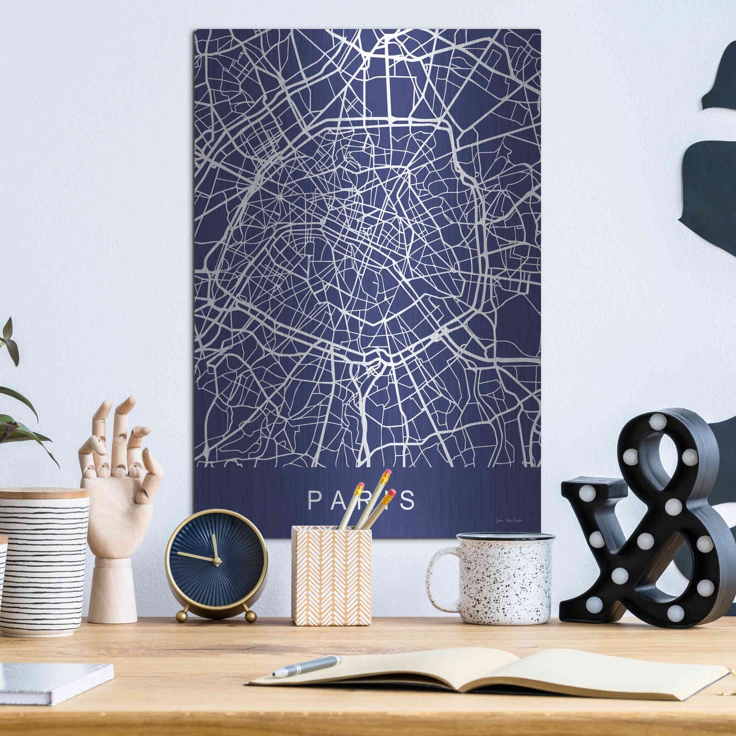 Luxe Metal Art 'Paris Street Blue Map' by Seven Trees Design, Metal Wall Art,12x16