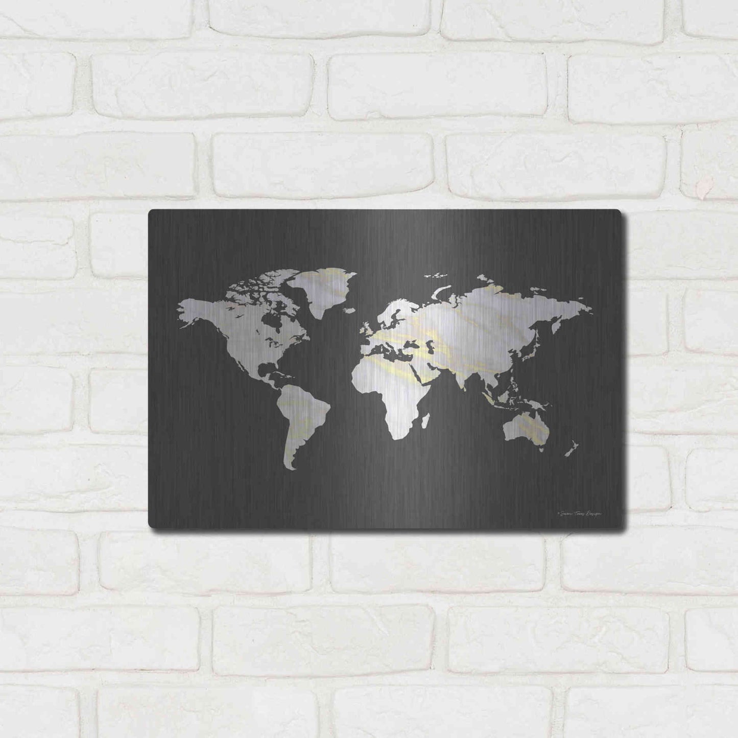 Luxe Metal Art 'Marble Gold World Map' by Seven Trees Design, Metal Wall Art,16x12