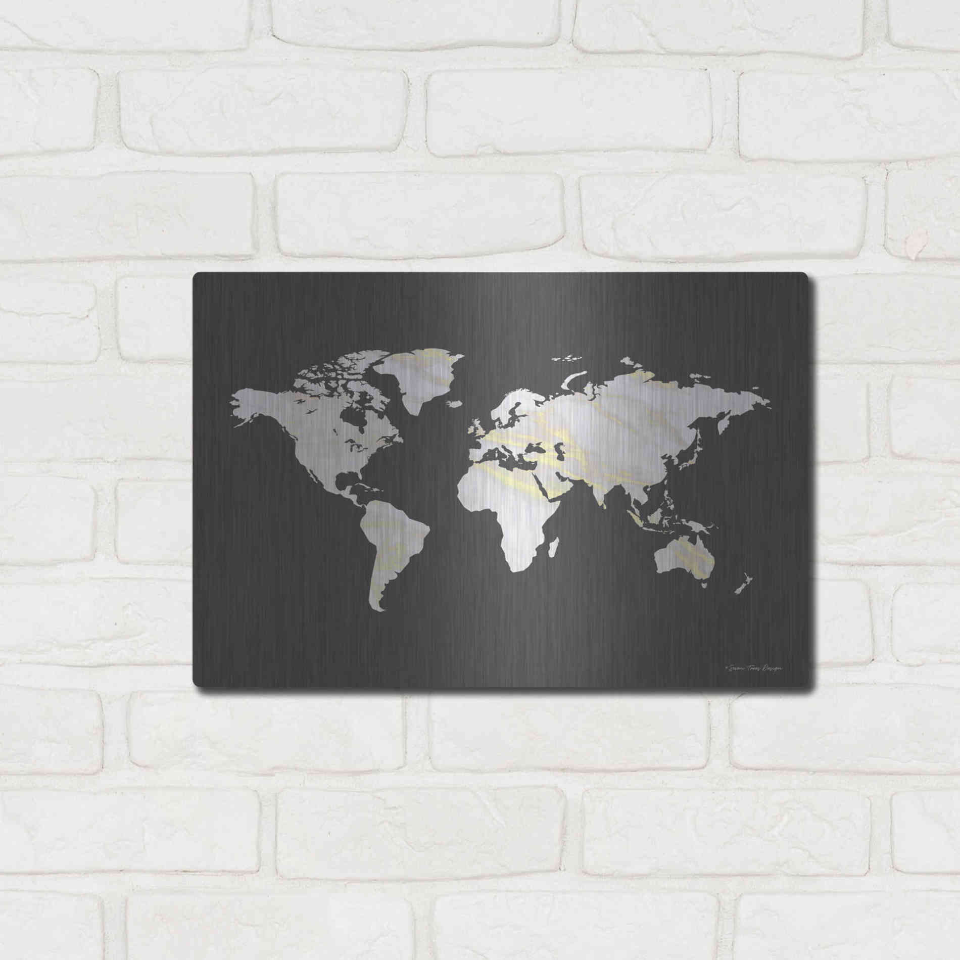 Luxe Metal Art 'Marble Gold World Map' by Seven Trees Design, Metal Wall Art,16x12