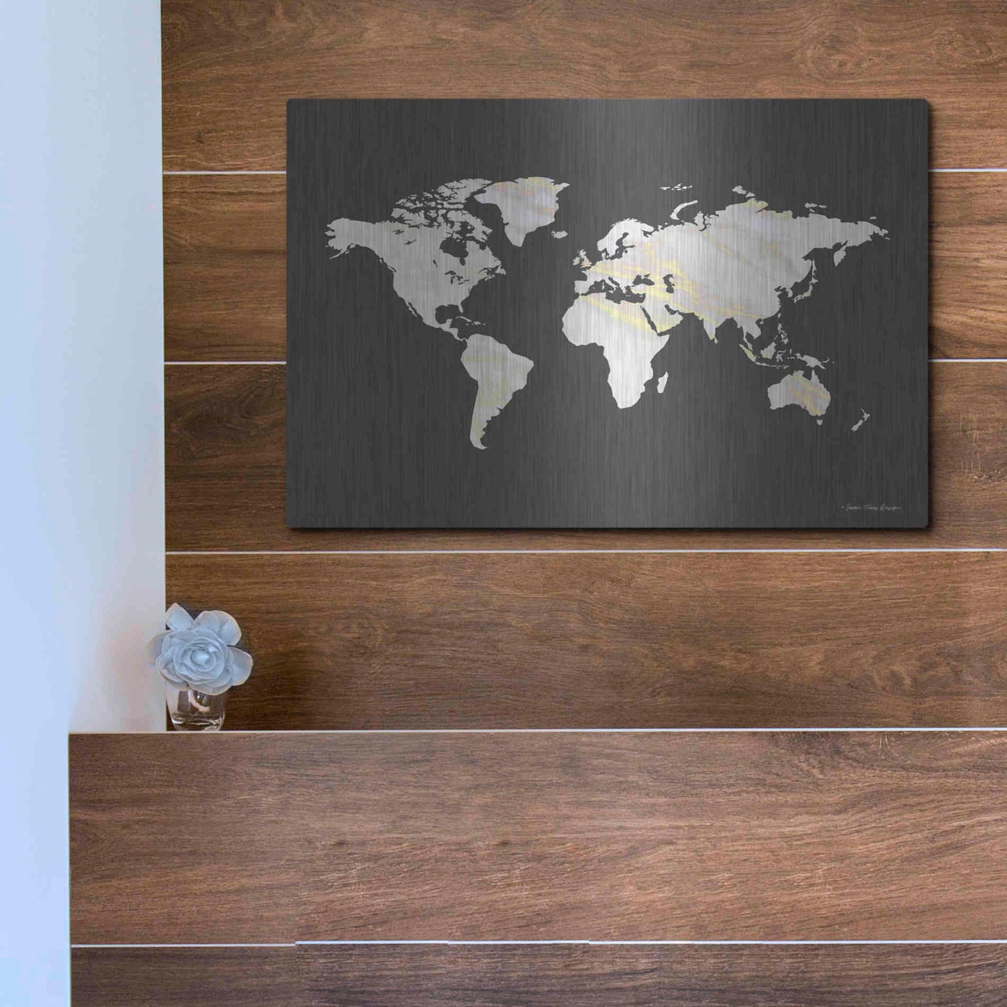 Luxe Metal Art 'Marble Gold World Map' by Seven Trees Design, Metal Wall Art,16x12