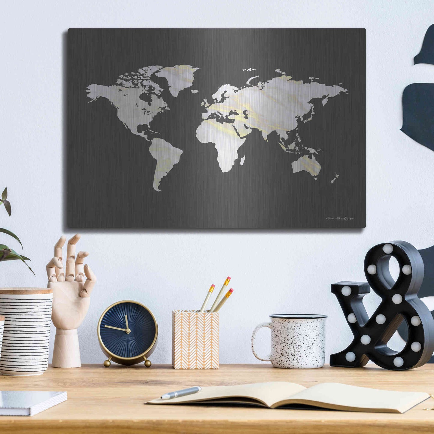 Luxe Metal Art 'Marble Gold World Map' by Seven Trees Design, Metal Wall Art,16x12