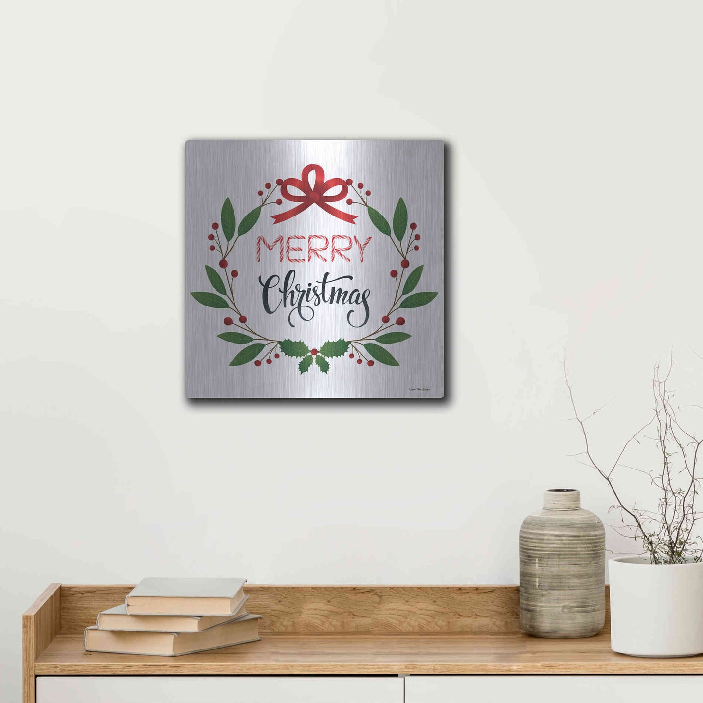 Luxe Metal Art 'Merry Christmas Wreath 2' by Seven Trees Design, Metal Wall Art,12x12