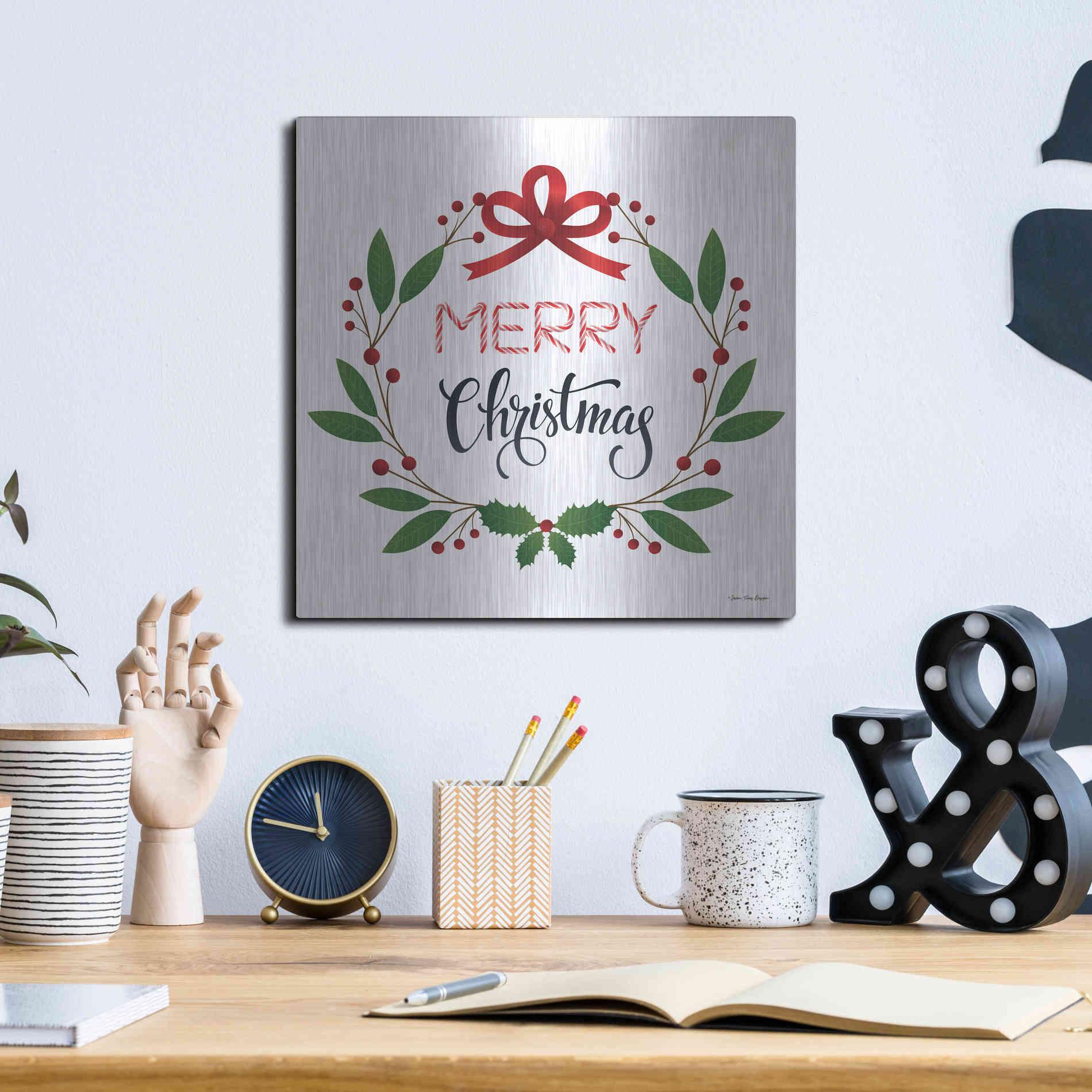 Luxe Metal Art 'Merry Christmas Wreath 2' by Seven Trees Design, Metal Wall Art,12x12