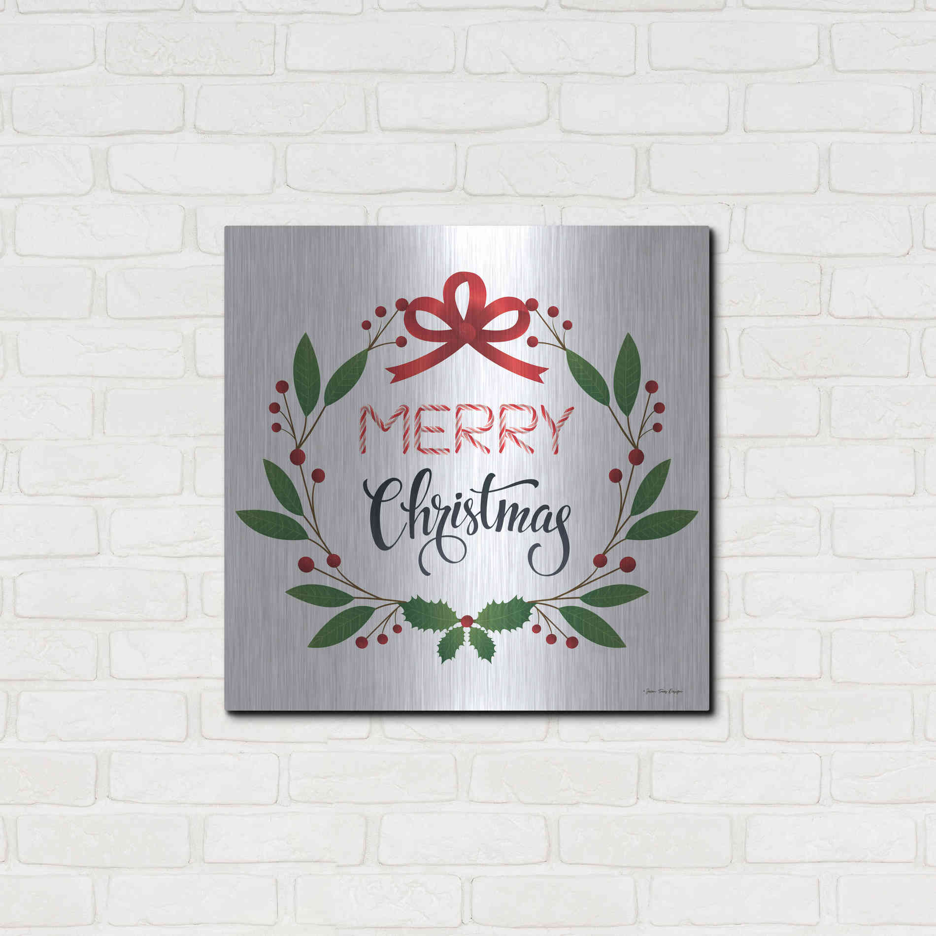 Luxe Metal Art 'Merry Christmas Wreath 2' by Seven Trees Design, Metal Wall Art,24x24