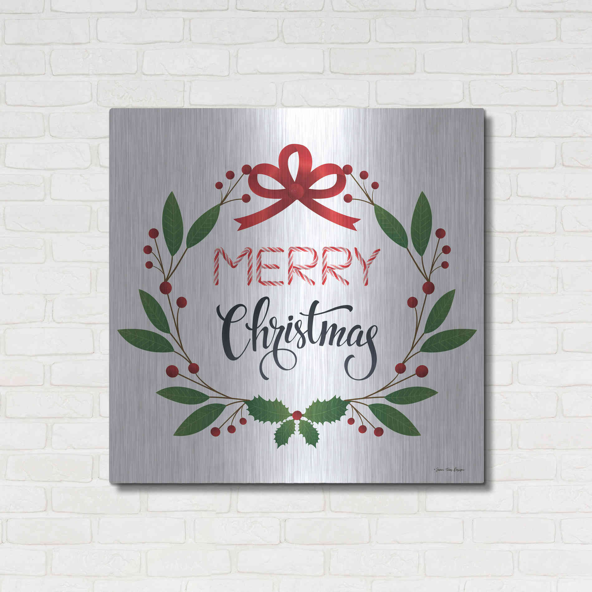 Luxe Metal Art 'Merry Christmas Wreath 2' by Seven Trees Design, Metal Wall Art,36x36