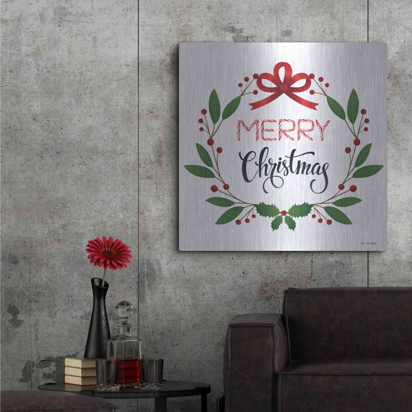Luxe Metal Art 'Merry Christmas Wreath 2' by Seven Trees Design, Metal Wall Art,36x36