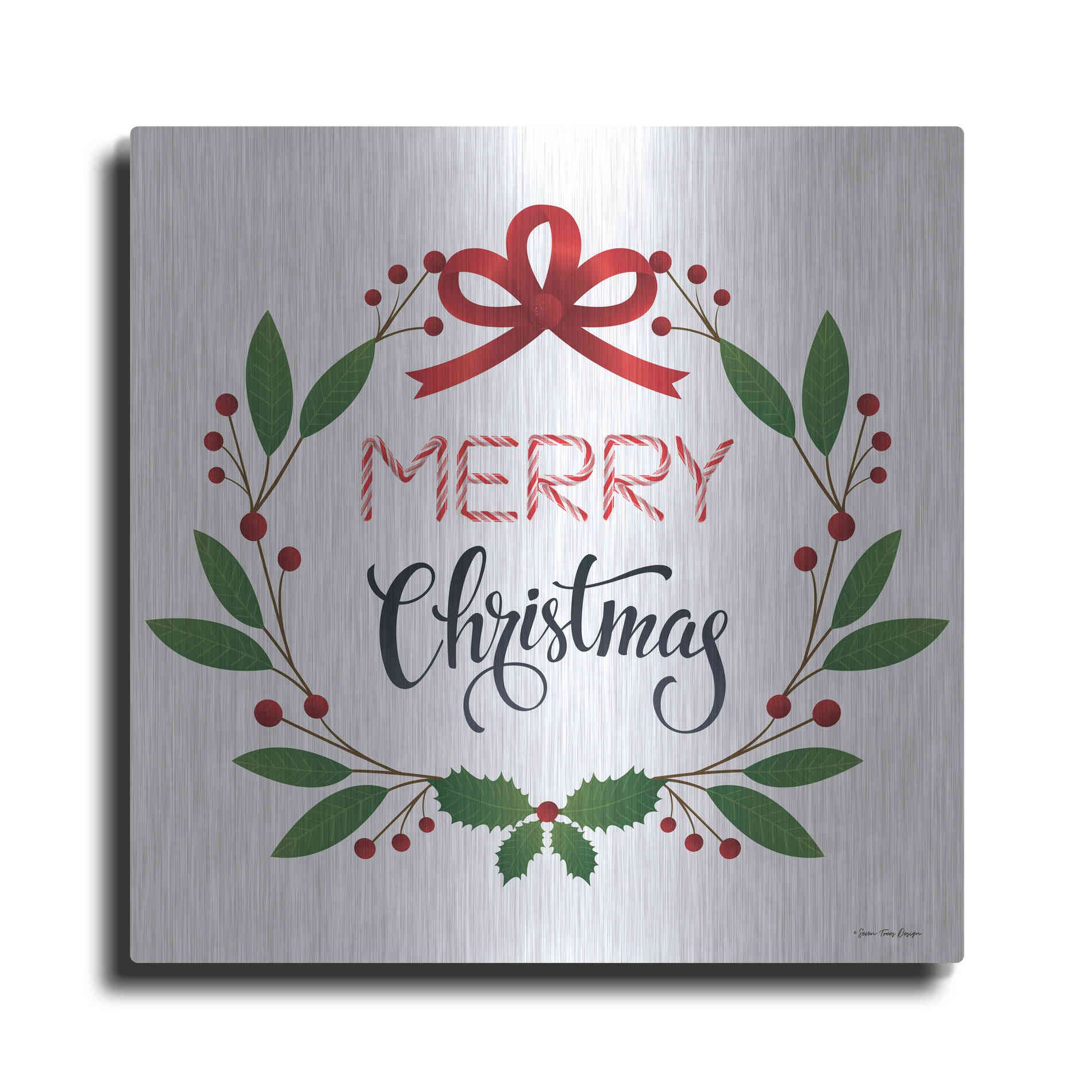 Luxe Metal Art 'Merry Christmas Wreath 2' by Seven Trees Design, Metal Wall Art