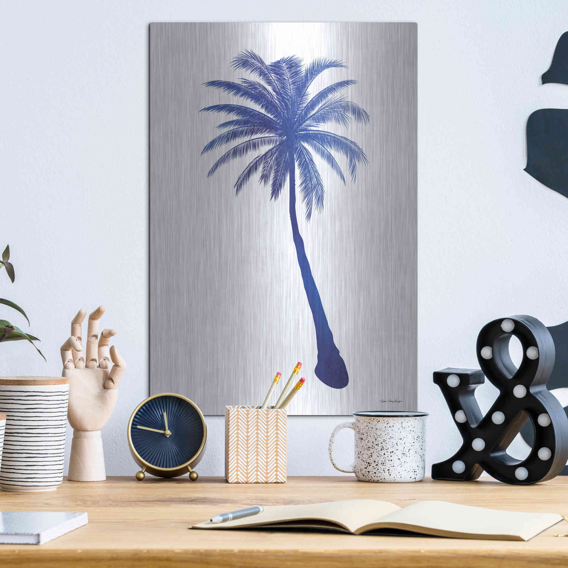 Luxe Metal Art 'Blue Palm Tree I' by Seven Trees Design, Metal Wall Art,12x16