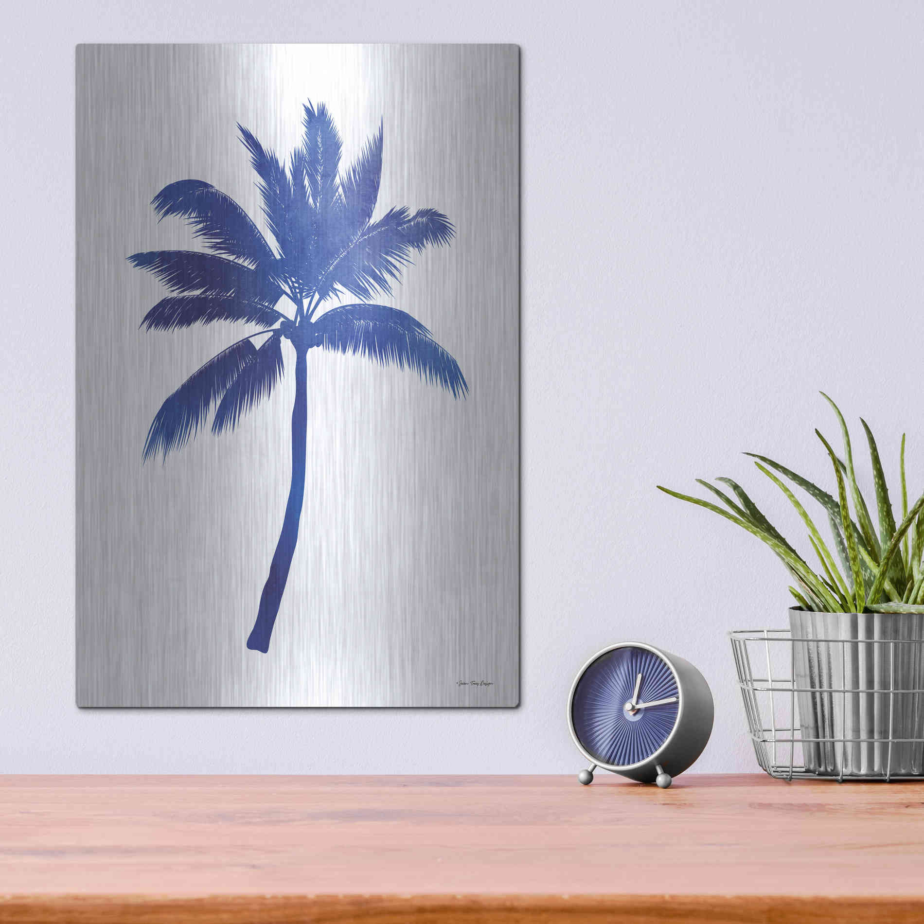 Luxe Metal Art 'Blue Palm Tree III' by Seven Trees Design, Metal Wall Art,12x16