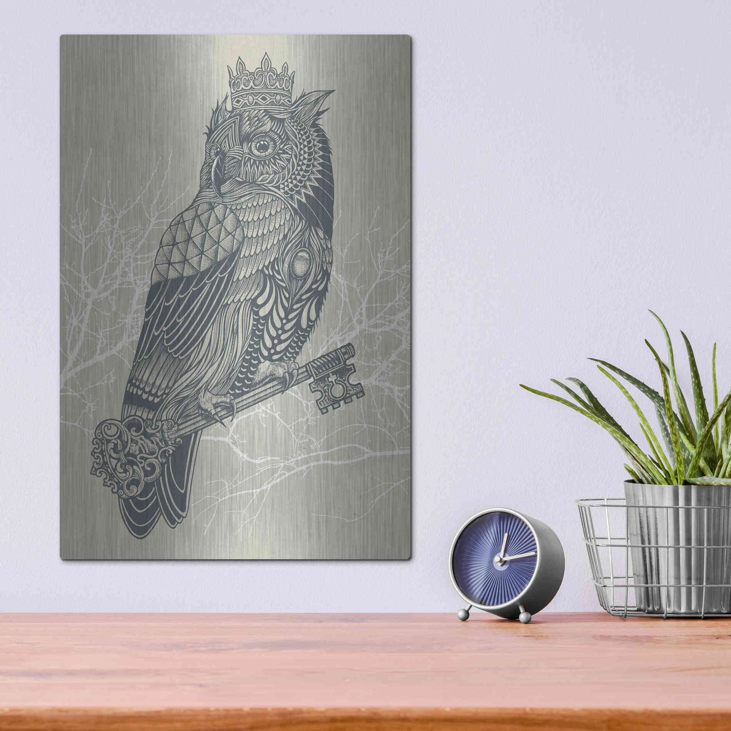 Luxe Metal Art 'Owl King' by Rachel Caldwell, Metal Wall Art,12x16