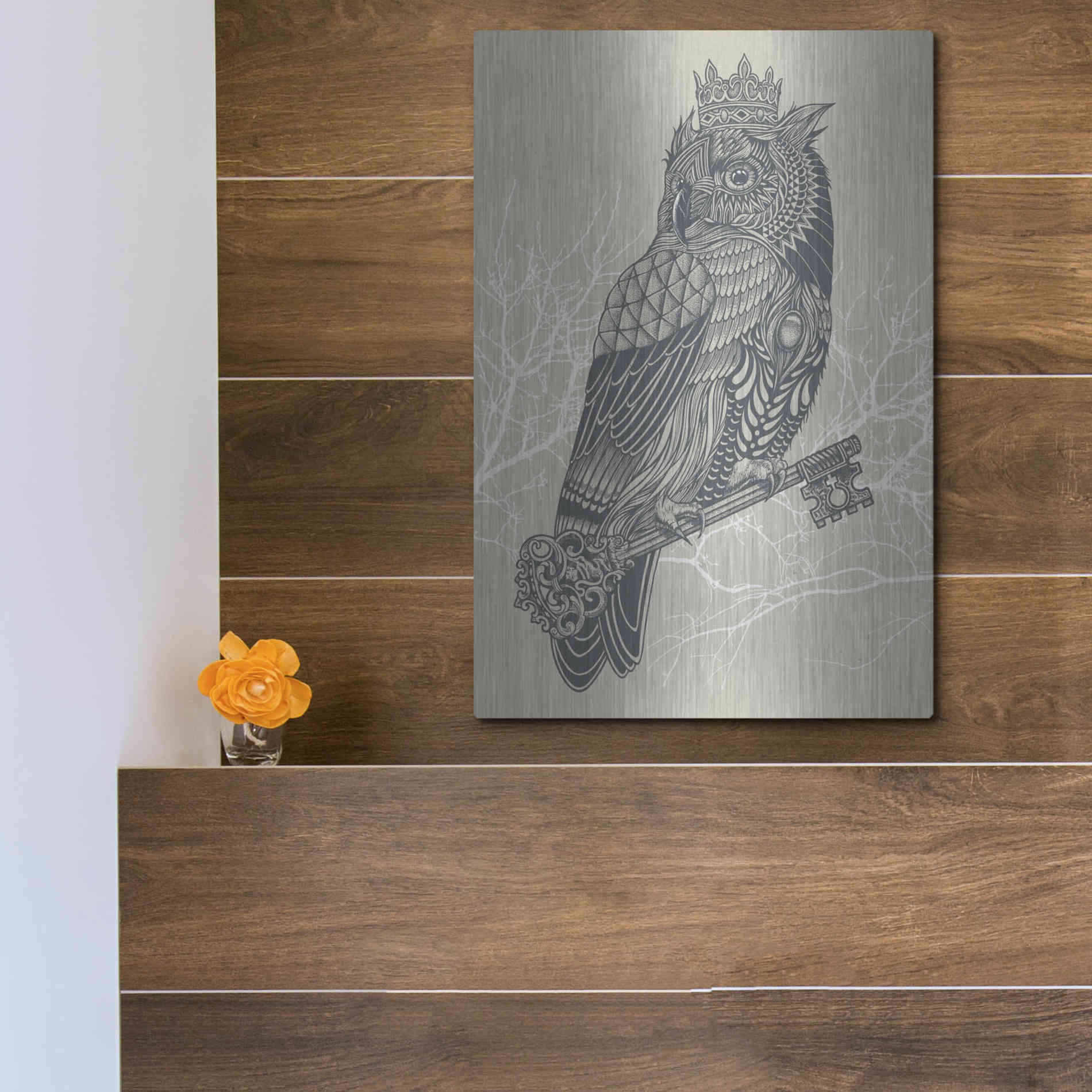 Luxe Metal Art 'Owl King' by Rachel Caldwell, Metal Wall Art,12x16