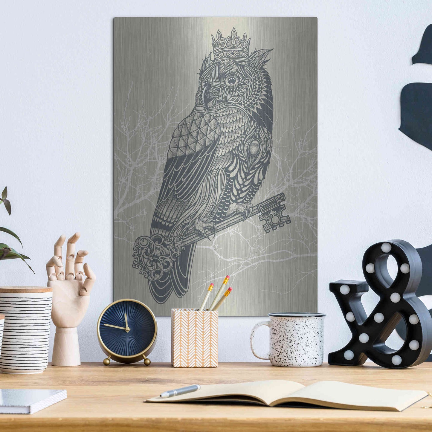 Luxe Metal Art 'Owl King' by Rachel Caldwell, Metal Wall Art,12x16