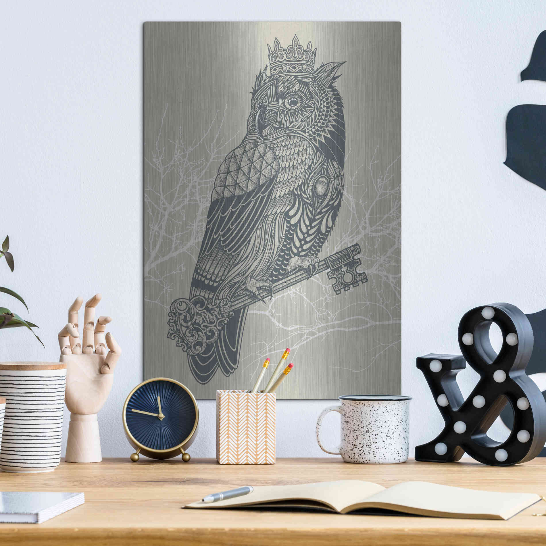 Luxe Metal Art 'Owl King' by Rachel Caldwell, Metal Wall Art,12x16