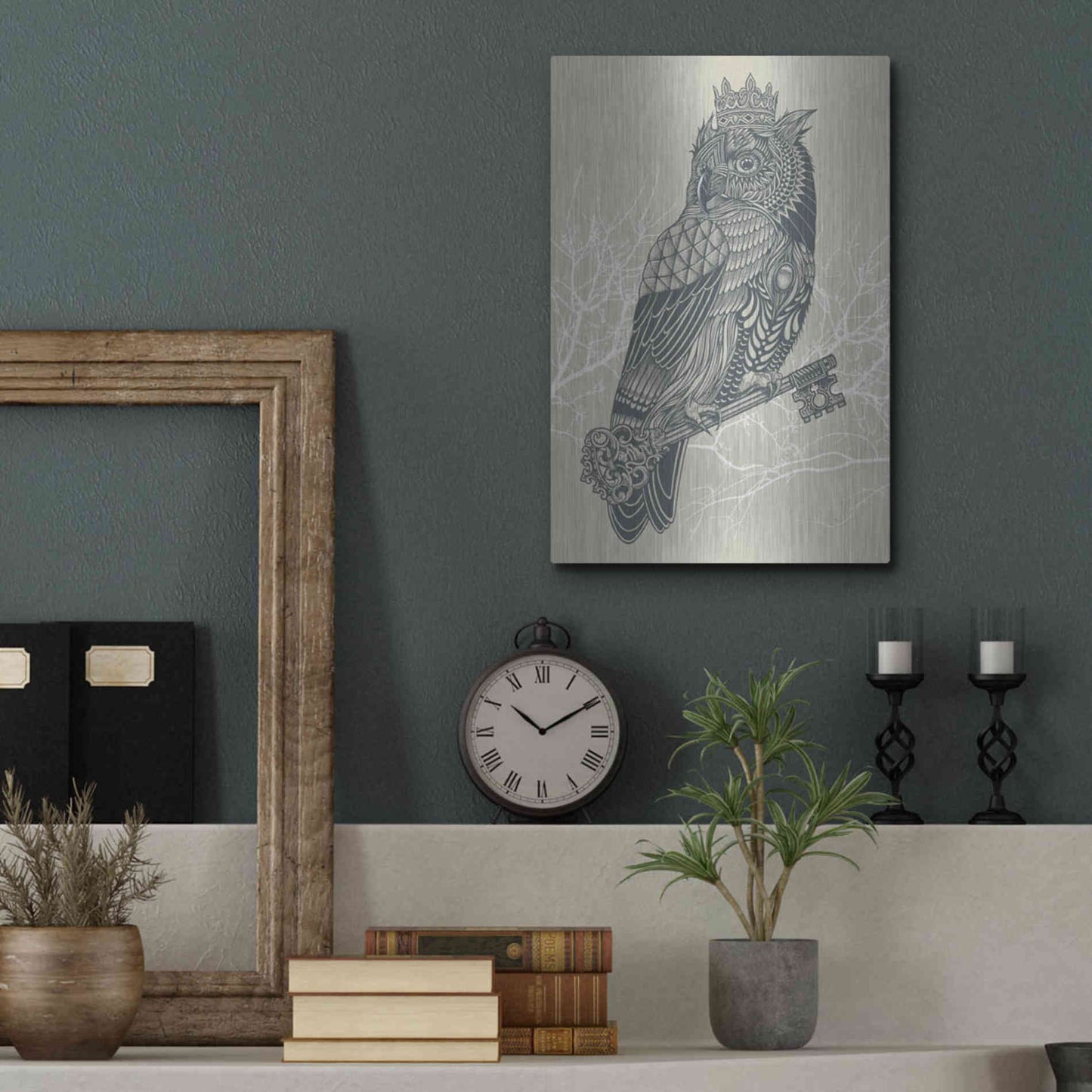 Luxe Metal Art 'Owl King' by Rachel Caldwell, Metal Wall Art,12x16