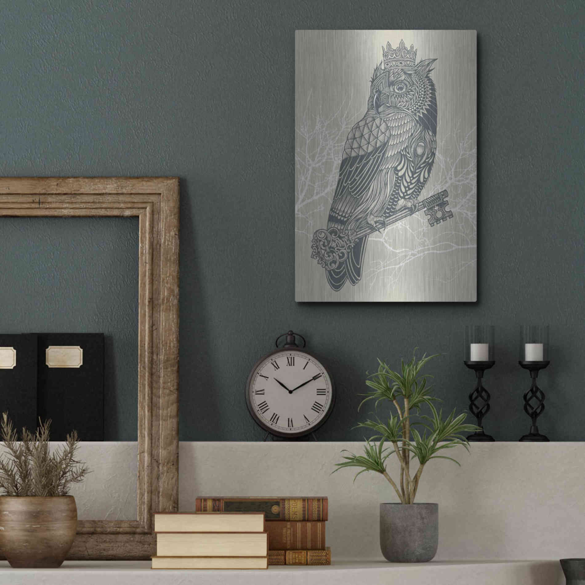 Luxe Metal Art 'Owl King' by Rachel Caldwell, Metal Wall Art,12x16