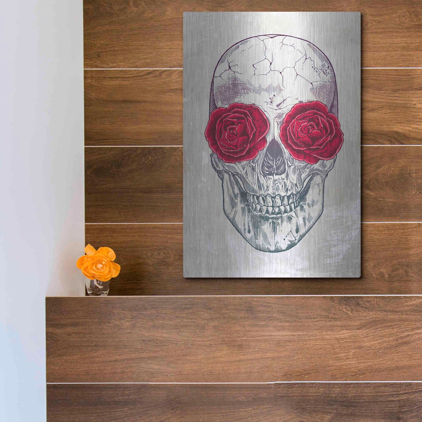 Luxe Metal Art 'Skull & Roses' by Rachel Caldwell, Metal Wall Art,12x16