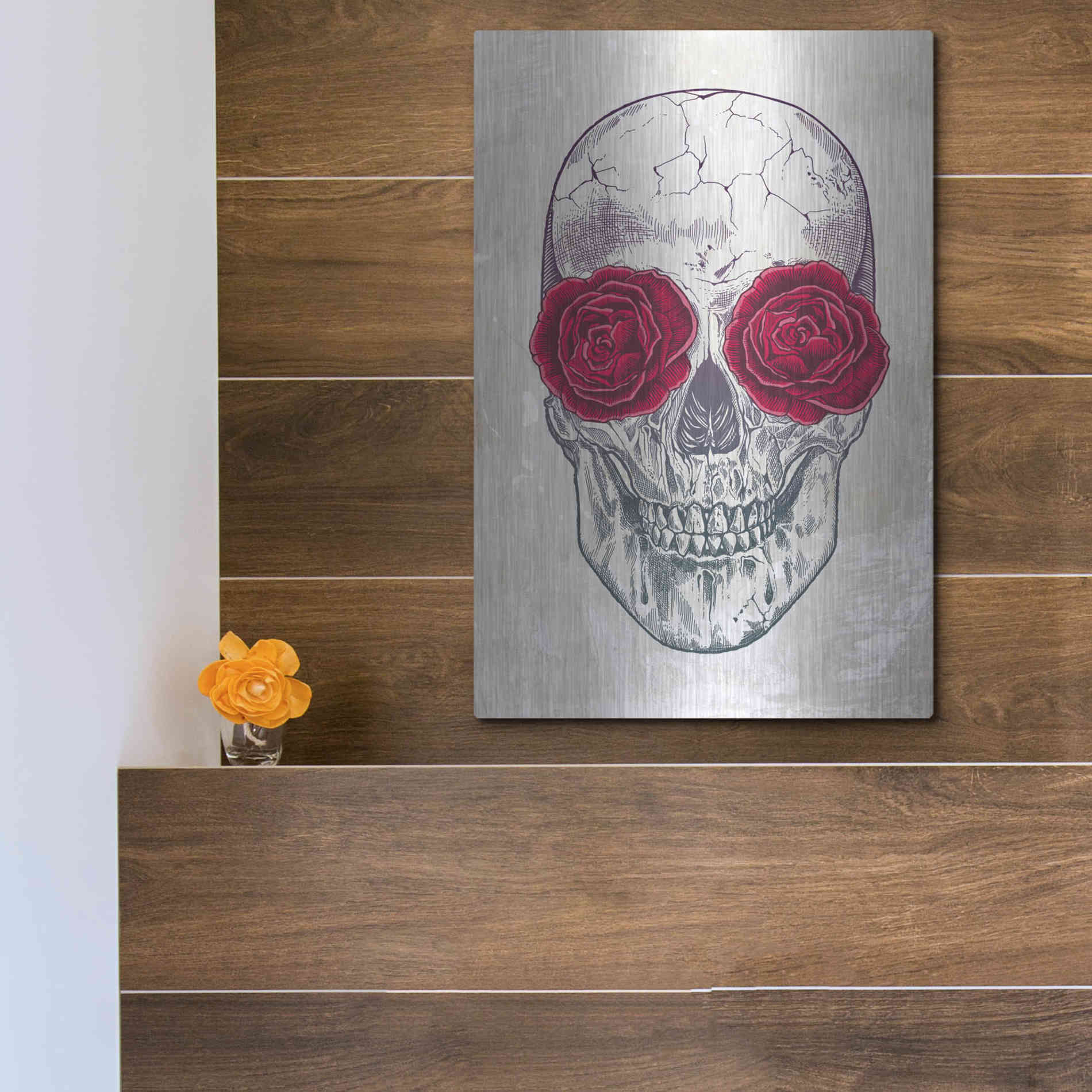 Luxe Metal Art 'Skull & Roses' by Rachel Caldwell, Metal Wall Art,12x16